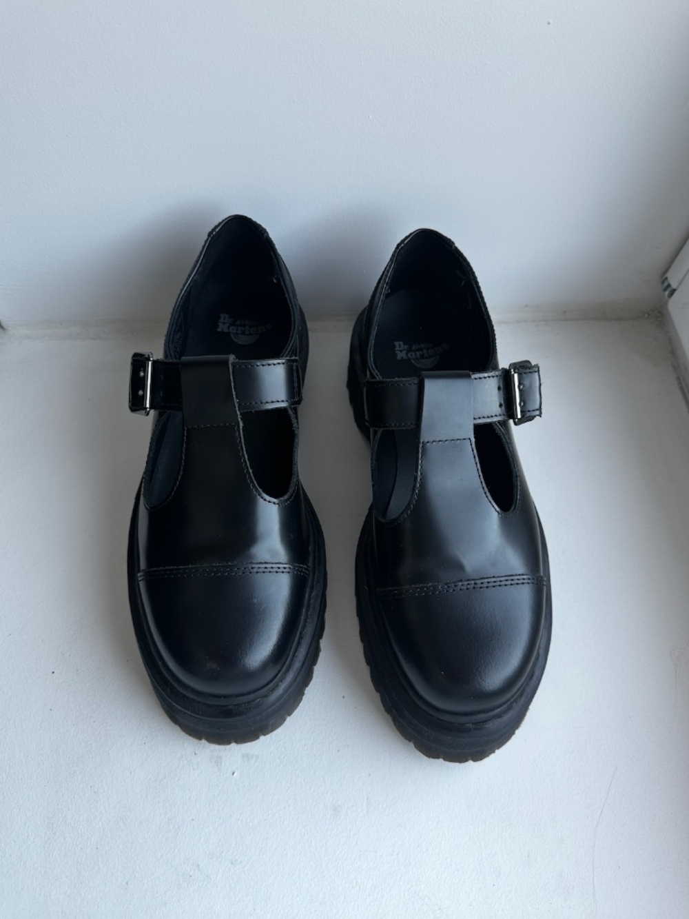 Dr. Martens Polley Mary Jane Platform Black Leather Minimal Stitch